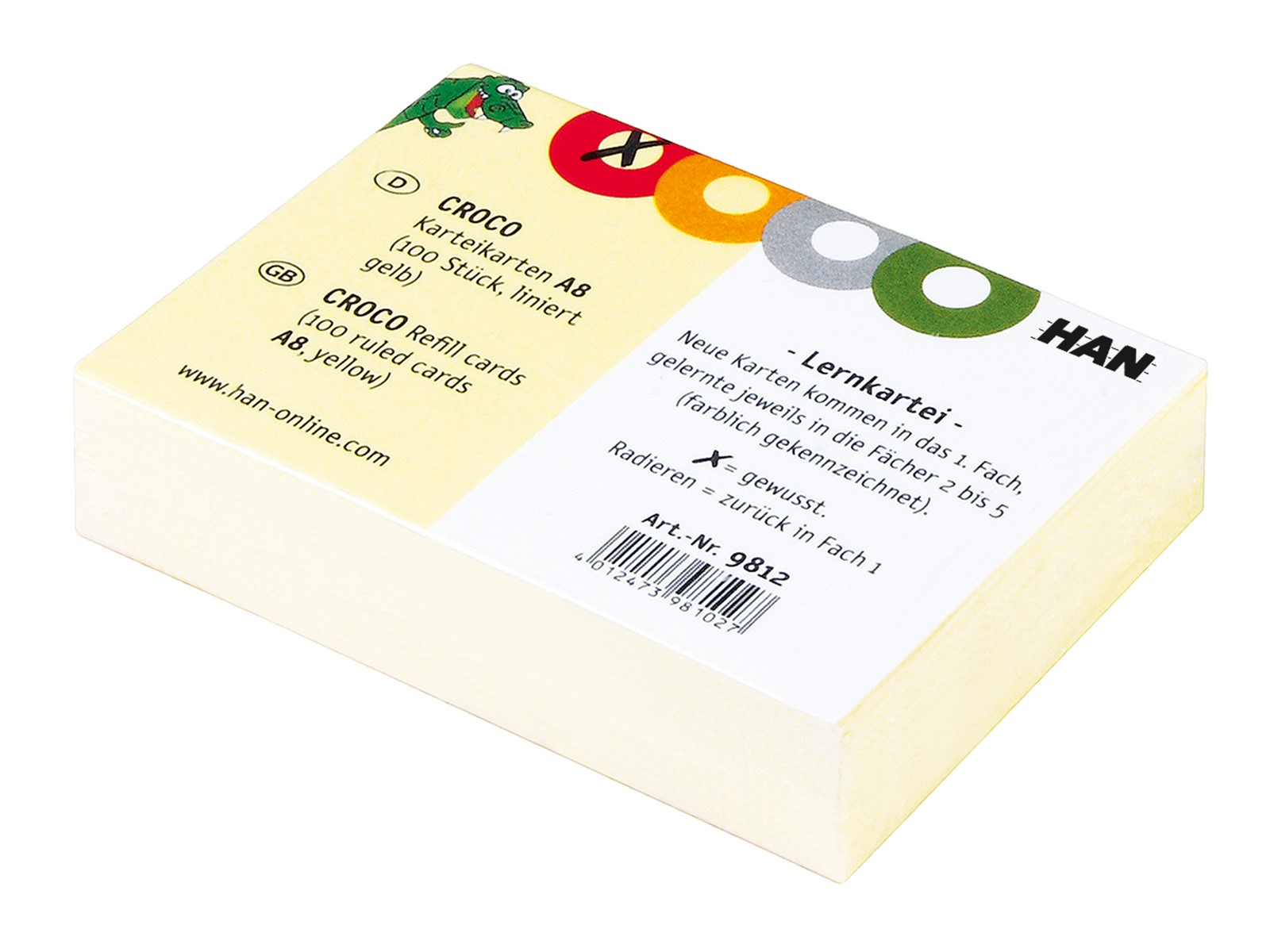 HAN 9812 - Karteikarten für CROCO DIN A8 quer, stabiler Karteikarton ,  liniert, gelb